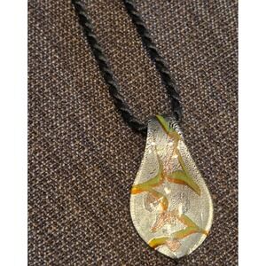 Artisan Dichroic Glass Teardrop Pendant Necklace Black Twisted Cord Iridescent